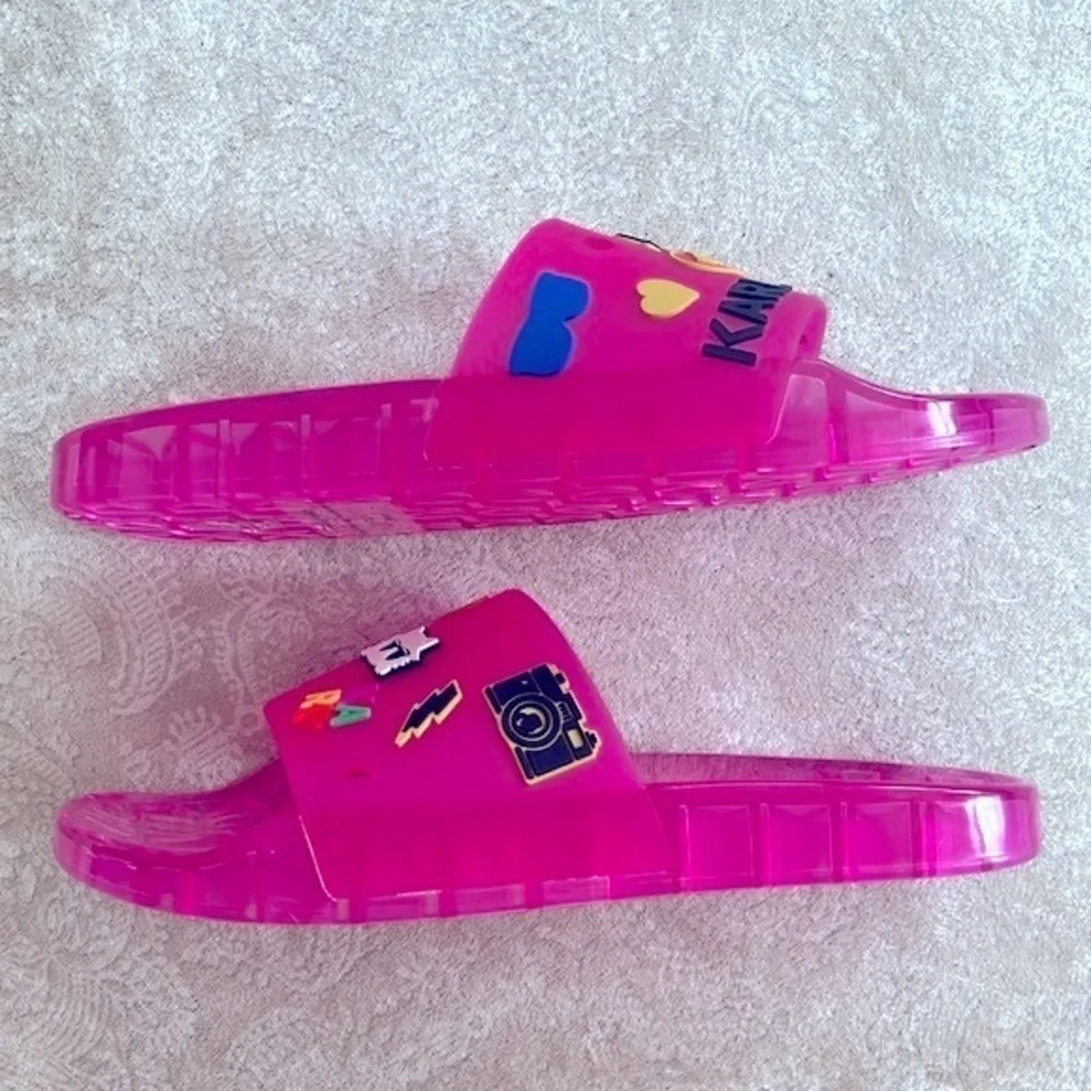 Brand New Karl Lagerfeld Paris Thea Jelly Pool Slides Embellished Pink Sandals - Picture 7 of 16